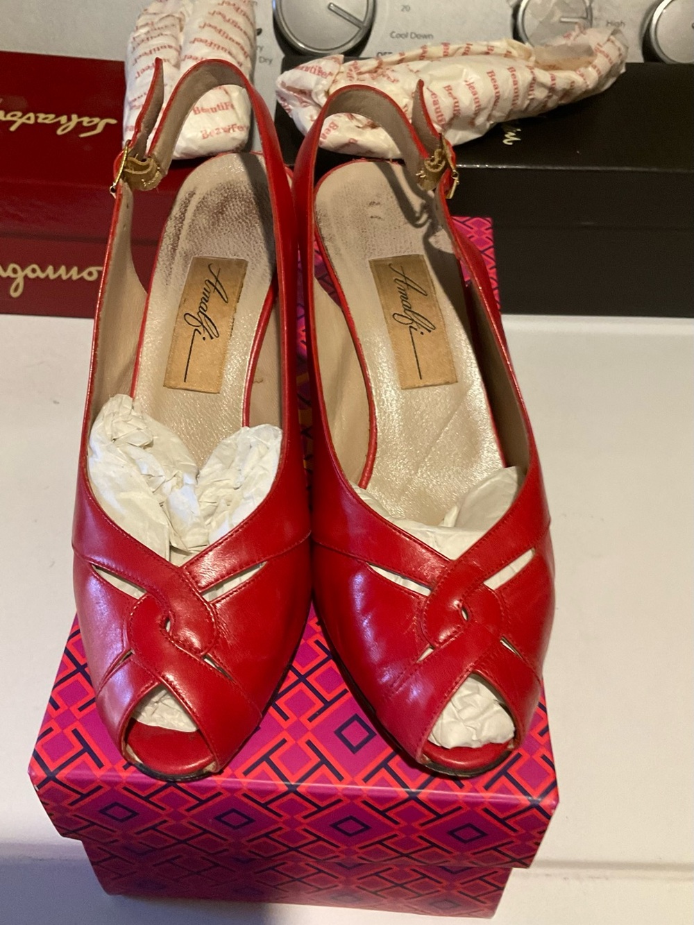 Amalfi Red Leather Peep-Toe Slingback Heels with Knotted Front